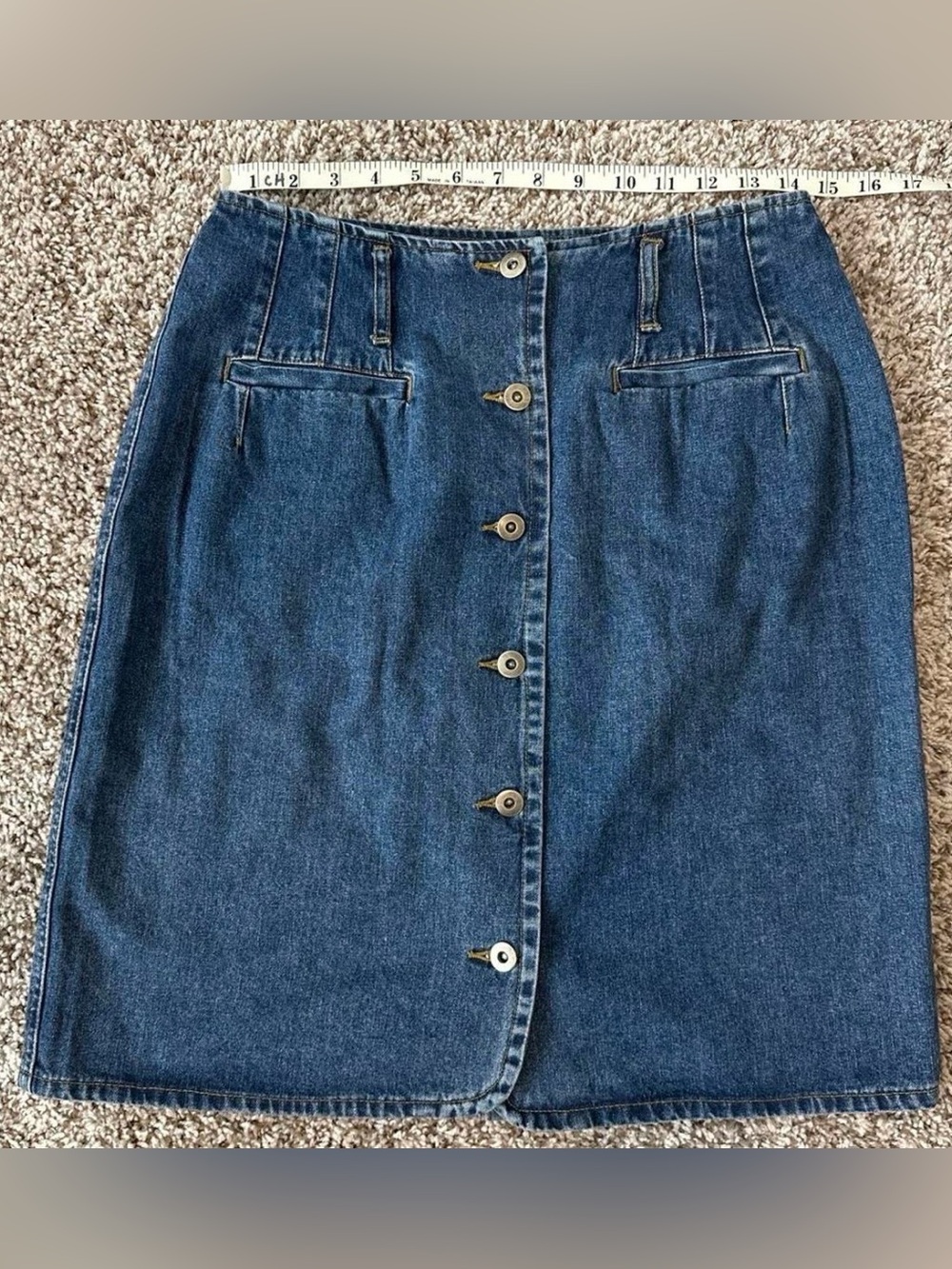 Classic Button-Front Denim Skirt in Dark Blue